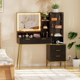 Garvee Modern Makeup Vanity Desk with HD Lighted Mirror & Power Outlet, Glass Top, 5 Drawers, Black, Bedroom