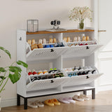 Garvee Shoe Cabinet, White Wood Grain PB and MDF Organizer with Rustic Top Panel, 4 Flip-Front Drawers, 41.3"WX9.45"DX37.9"H Slim Entryway Storage, Adjustable Removable Dividers, Hollow Ventilated Doors, Raised Legs for Hallway and Apartment - White Wood Grain