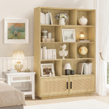 Garvee 5-Tier Boho Rattan-Door Bookcase, Wooden Storage Shelf for Living Room, Bedroom, Office, Kitchen, 63" Tall, Natural Wood Color