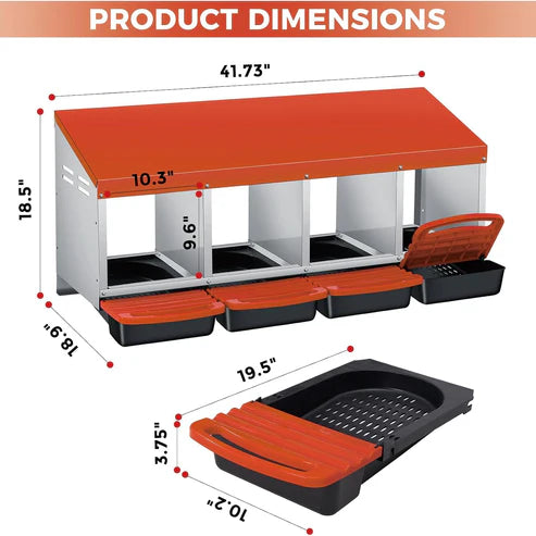 Garvee Roll Away Chicken Nesting Box with 4 Compartments – Heavy Duty Metal – Removable Tray – Easy Wall Mount & Metal Legs – Orange – Four Grids