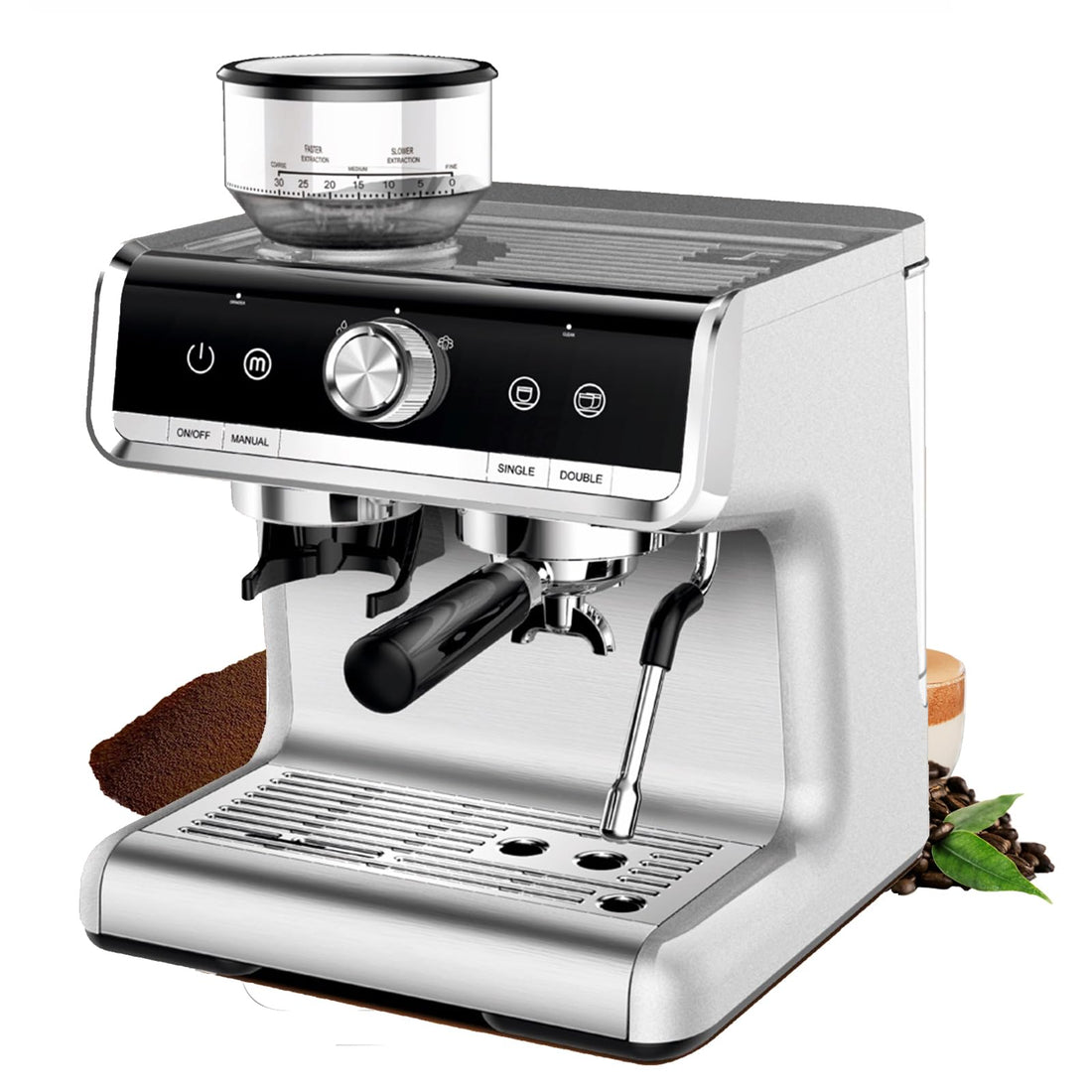Garvee Espresso Coffee Machine with Grinder, 20 Bar Semi-Automatic Espresso Maker with Milk Frother Steamer Wand for Cappuccino, Latte, Macchiato, 2.8 L Water Tank, PID Temperature Control,Bright Silver