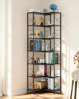 Garvee Corner Shelf 7 Tier Industrial Corner Bookshelf Wood Metal Frame Large Bookcase Freestanding Display Shelf Black - Black