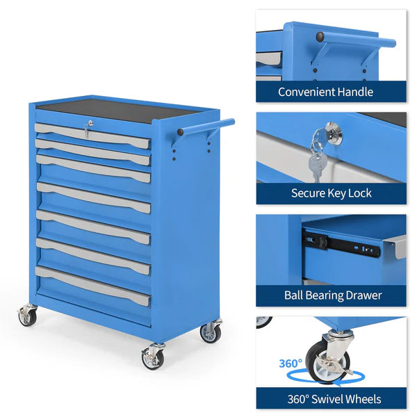 Garvee 7-Drawer Tool Chest Rolling Tool Cart with Wheels Large Capacity Tool Storage Cabinet Keyed Locking for Garage Workshop Warehouse Black Red Blue