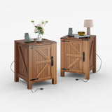 Garvee Rustic Farmhouse Nightstand Set of 2 with Charging Station, Barn Door, Adjustable Storage Shelf, 18" Wooden Bedside Table, Modern Two-Tier Nightstand for Bedroom