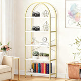 Garvee Arched Bookshelf 5 Tier Industrial Metal Frame Bookcase for Living Room Bedroom, Modern Freestanding Storage Rack, Wood Grain/Marble Finish - 5-Tier -White+Gold