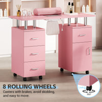 Table de manucure Garvee pour prothésistes ongulaires avec collecteur de particules électrique – Bureau portable avec 4 tiroirs, meuble latéral, roulettes verrouillables et repose-poignet, Station de beauté, Rose, norme US