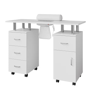 Garvee White Manicure Table with Electric particles Collector – 4 Drawers, Side Cabinet, Lockable Wheels & Wrist Rest, Portable Nail Desk for Salon or Home Storage Furniture, White US Standard