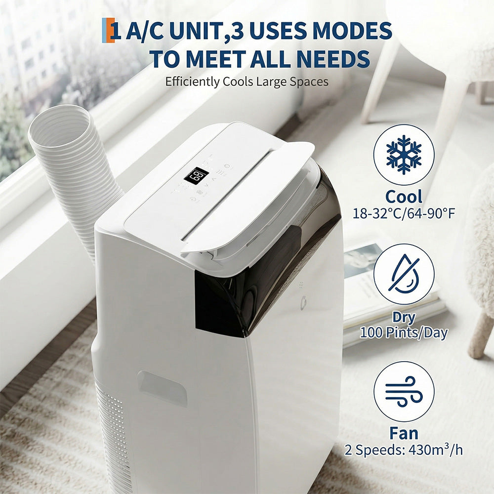 Climatiseur portable Garvee 14 000 BTU avec déshumidificateur et ventilateur, unités de climatisation portables refroidissant jusqu'à 70 m², télécommande, oscillation automatique, mode veille, plateau blanc