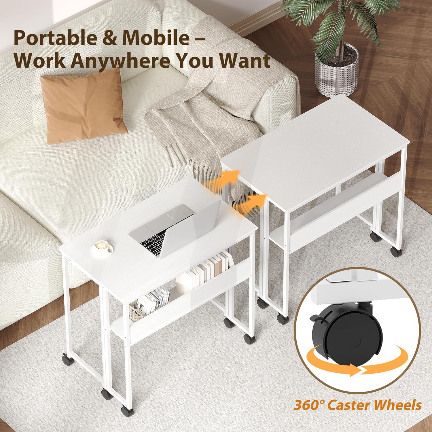 Garvee Folding Desk Small Rolling Desk with Storage Shelf for Home Office Study 24.8 Inch White Space-Saving Foldable
