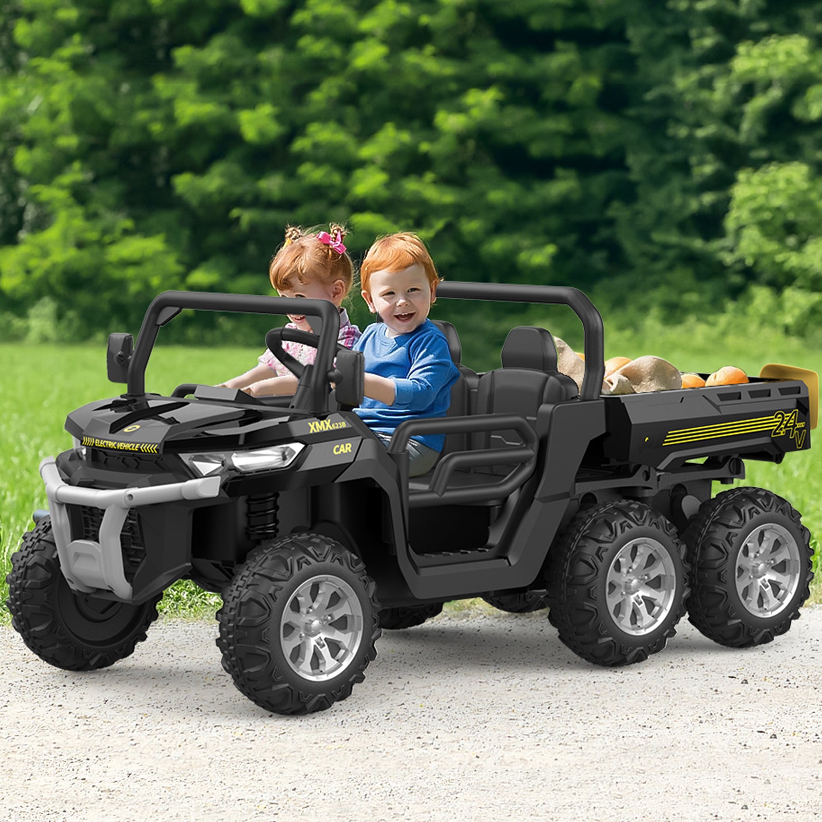 Garvee Camion benne électrique 24 V pour enfants, voiturette 2 places avec télécommande parentale, 4 roues motrices 6 roues, benne de style UTV, musique Bluetooth, noir