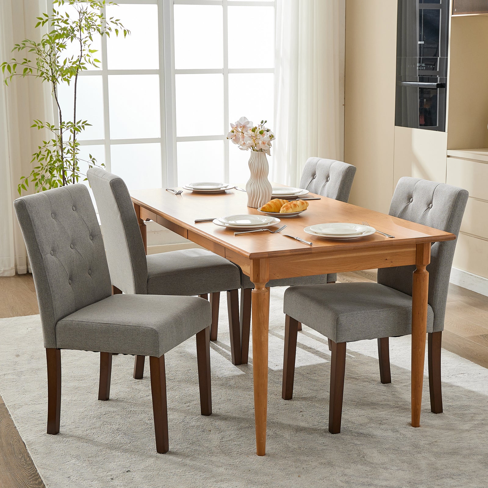 Garvee 2-Pack Tufted Upholstered Dining Chairs Gray Fabric Accent Chairs Wooden Legs Dining Room Living Room