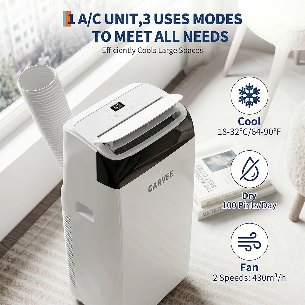 Garvee 14,000 BTU 3-in-1 Portable Air Conditioner with Dehumidifier & Fan, Portable AC Units Cools up to 750 Sq. Ft., Remote Control, Auto Swing, Sleep Mode, White Top