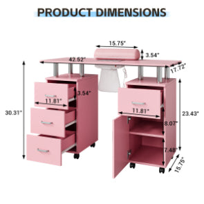 Table de manucure Garvee pour prothésistes ongulaires avec collecteur de particules électrique – Bureau portable avec 4 tiroirs, meuble latéral, roulettes verrouillables et repose-poignet, Station de beauté, Rose, norme US