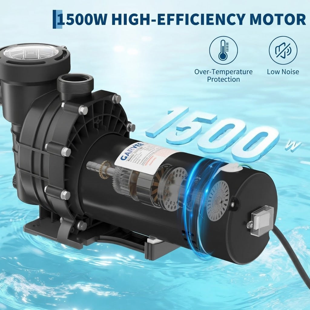 Garvee 2.0 HP Swimming Pool Pump 1500W Dual Voltage with Strainer Basket for Above and Ground Pools, 6800 GPH, Stainless Steel