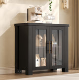 Garvee Buffet Cabinet with Storage, Tempered Glass Doors, Natural Wood Veneer Sideboard for Living Room, Dining Room, Kitchen, 31.5", Black - Black