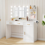Garvee Vanity Desk with Mirror, LED Lights, Power Outlet, 3 Drawers, Storage Shelves for Bedroom, White