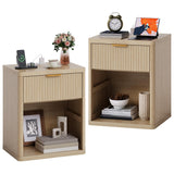 Garvee Fluted Nightstand Set of 2 with Charging Station, Bedside Table with Drawers & Open Storage, Metal Handles, Rounded Corners, Bedroom Side Tables, White