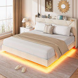 Garvee King Floating Bed Frame with LED Lights & Charging Station, Upholstered Platform Bed with Storage Headboard, Queen Size, Beige - Beige