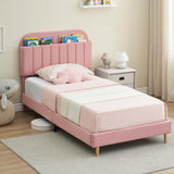 Garvee Twin Bed Frame with Bookcase Headboard, Velvet Upholstery, Heavy Duty Steel Support - Pink - Pink