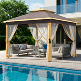 Garvee 11x11 ft Outdoor Gazebo Heavy Duty Metal Frame Double Roof Patio Shelter Mosquito Net Khaki - Khaki