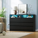 Garvee 6 Drawer Double Dresser with Power Outlet, LED Light, Modern Storage Dresser, 47.24"W x 15.35"D x 31.49"H, Black - 6 Drawer-Black