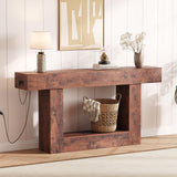 Garvee 63 in Farmhouse Entryway Table with Storage & Charging Station, 2 Tier Narrow Console Table for Living Room, Brown, Space-Saving Design - Brown