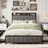 Garvee Full Size Bed Frame with Storage Drawers and Charging Station, Rustic Linen Upholstered Platform Bedframe, Grey, Heavy Duty, Easy Assembly - Heather Gray