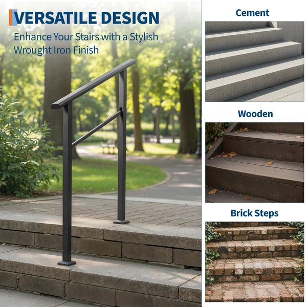 Garvee Outdoor Stair Handrail Set for 2 Steps, Aluminum & Iron Posts, Weatherproof Black Finish, Easy Mounting for Entrance Balcony Garden