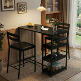 Garvee 3-Piece Kitchen Table Set with Storage Shelves & 2 Upholstered Chairs - Iron and Wood Dining Table for Small Spaces, Black - Black