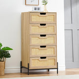 Garvee Rattan Dresser 5-Drawer Tall Chest Oak Color + Multifunctional Storage + Large Capacity + Natural Rattan + Smooth Metal Slides + Anti-Tip Device + Easy Assembly + Bedroom Living Room