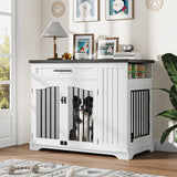 Garvee Modern Dog Crate Furniture Indoor Wooden Dog Kennel with Drawer & Side Storage for Living Room 43.7x23.6x35 inch - White&Brown
