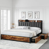 Garvee King Size Bed Frame with Storage Linen Upholstered Headboard, 4 Drawers Platform Bed Frame with Charging Station, No Box Spring Needed, Easy Assembly, Vintage Brown - Vintage Brown