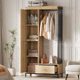 Garvee 78.9" Armoire Wardrobe Closet with Shelves and Hanging Rod, Large Fixed Compartment, Natural Color, Metal Frame for Bedroom - Natural Oak