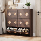 Garvee Shoe Cabinet with 6 Flip Drawers Adjustable Shelves Flower Pattern Diamond Handle Slim Wooden Organizer Brown - Brownish-Red