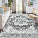 Garvee Area Rug 9x12 Non-Slip Vintage Low Pile Rugs Washable Rug Indoor Floor Cover Print Distressed Carpet Non-Shedding Oriental Area Rug for Living Room Bedroom - Grey