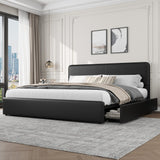 Garvee Upholstered Platform Bed Frame With Headboard, Faux Leather, Full Size, Brown, Storage Drawers, Wood Slat Support - Black