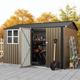 Garvee 8x10 FT Outdoor Storage Shed Metal Tool Shed with Clear Window Lockable Doors Large Garden Storage Box Brown - Brown