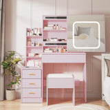 Garvee Vanity Desk with Sliding Mirror and Lights, Makeup Vanity Set with 4 Drawers, Stool, Power Outlet, Open Shelves, 3 Color Adjustable Lighting Modes, Bedroom, Pink