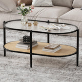 Garvee Glass Coffee Table Oval Boho Farmhouse Natural Rattan Center Table with Tempered Water-Wave Glass Top Black