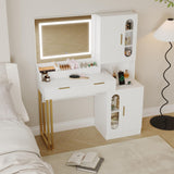 Garvee Fluted Vanity with Mirror and Lights, Wooden Makeup Table with Charging Station, Drawers & Storage Cabinets, White or Black - White