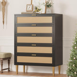 Garvee Rattan 5 Drawer Dresser with Gold Legs and Handles for Bedroom and Living Room, 31.5x15.56x44.1 in, Black