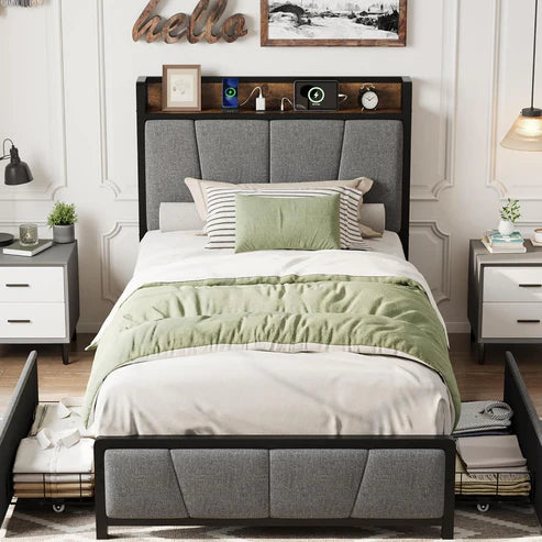 Garvee Twin Size Bed Frame with 2 Storage Drawers and Charging Station, Rustic Linen Upholstered Platform Bedframe with Storage Headboard, Heavy Duty, Easy to Assemble for Kids, Grey