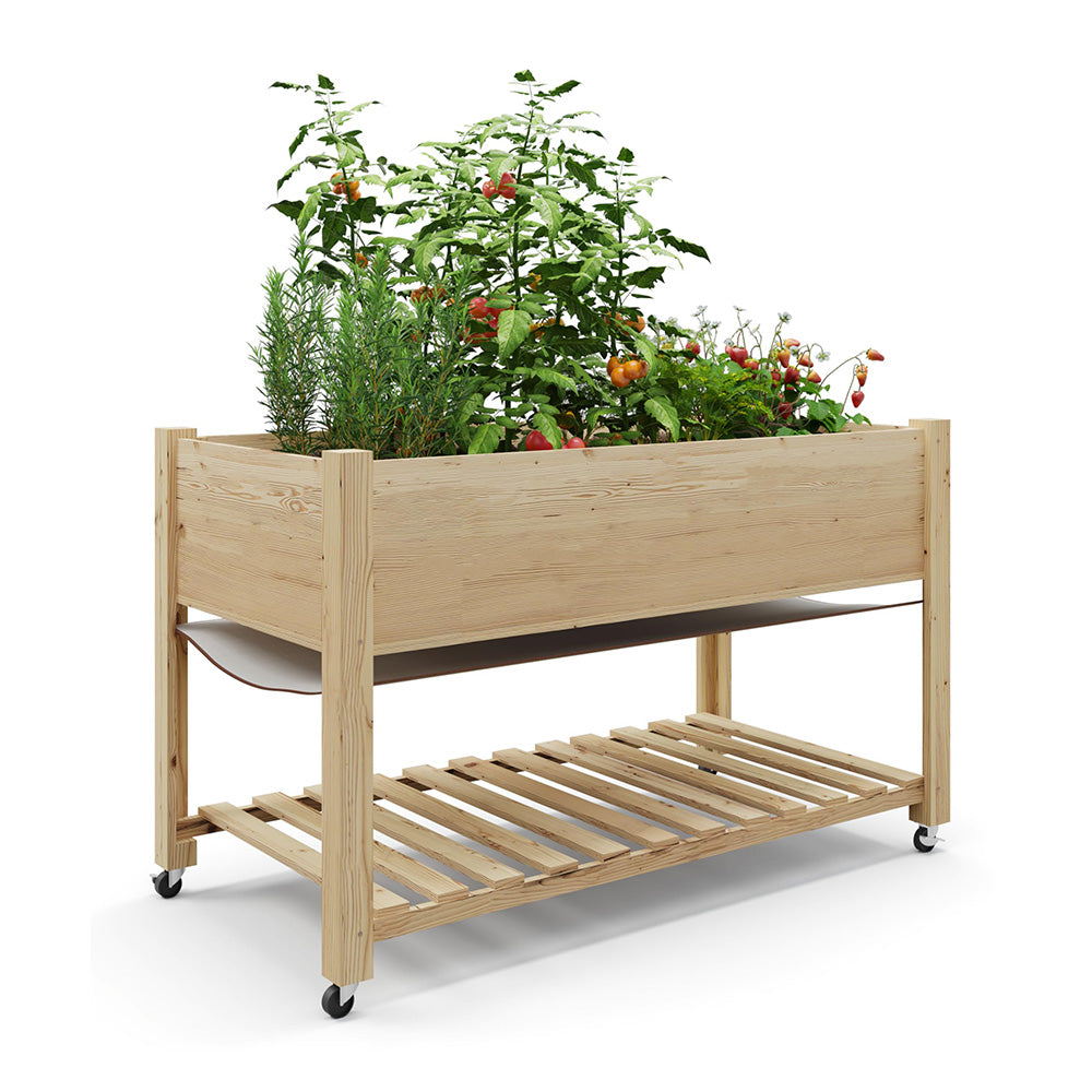 Garvee 48x24x32-Inch Mobile Elevated Garden Bed with Lockable Wheels & Storage Shelf, Tall Wood Planter Box, Acorn Brown
