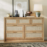 Garvee 7 Drawers Rattan Dresser With Metal Handles For Living Room And Hallway, 52" Wide, Natural Wood Color