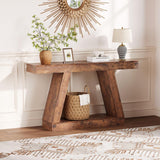 Garvee 2-Tier Console Table Farmhouse Wooden Trapezium Sofa Table with Open Storage Shelf Brown for Entryway Hallway Living Room Behind Couch - Brown