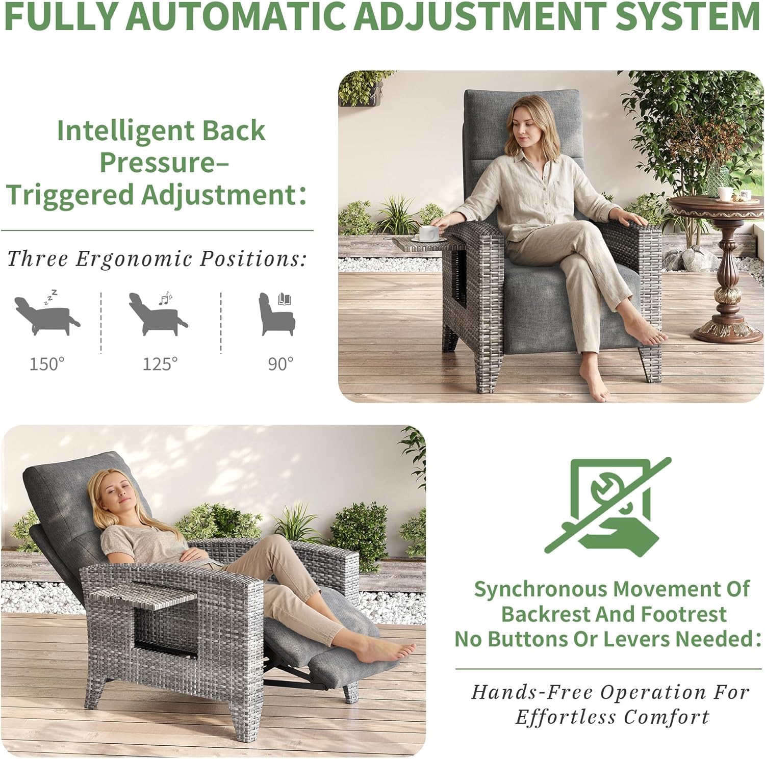 Garvee Wicker Reclining Patio Chair with Adjustable Back and Footrest, Outdoor Recliner Chair for Garden, 150° Lay Flat, Removable Cushion, Grey
