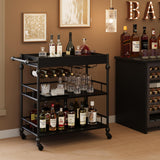 Garvee Bar Cart 3 Tier Serving Cart with Wheels Metal Rolling Cart Wine Rack Removable Tray for Kitchen Dining Room Living Room Black