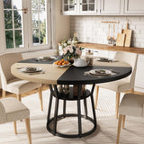 Garvee 47 Inch Round Dining Table for 4-6, Farmhouse Kitchen & Dining Room Furniture, Black Wood with Metal Legs, Space Saving, Storage Shelf - Black & Wood-R