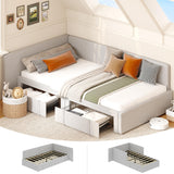 Garvee Twin Daybed with Storage Drawers Velvet Upholstered Corner Bed Frame for Kids Bedroom Living Room Light Grey