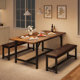Garvee 63 in Extendable Dining Table Set for 4-6 People with Upholstered Benches, Farmhouse Kitchen & Living Room, Rustic Brown